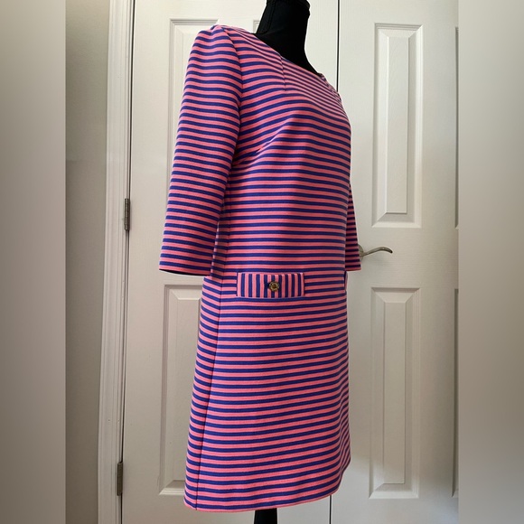 Lilly Pulitzer Coral Navy Striped Dress Sz M - Picture 2 of 9